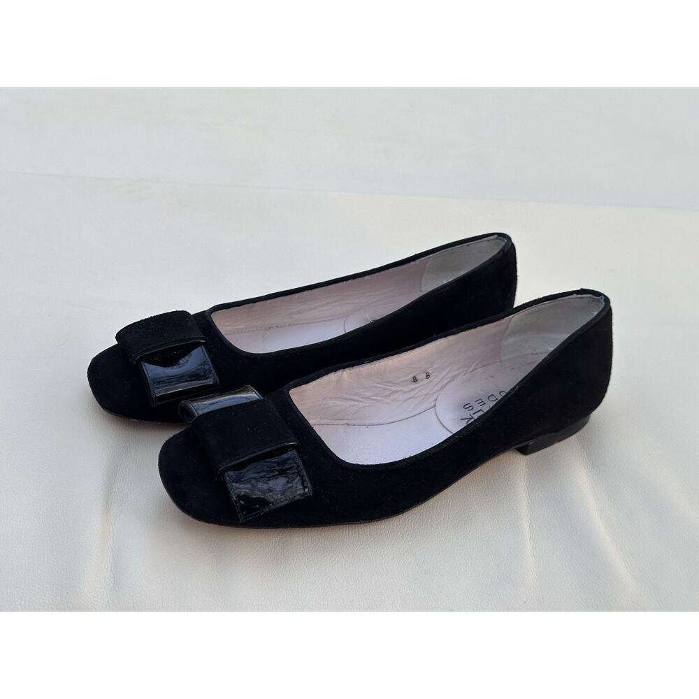 Paul Mayer Attitudes Ballet Flat Black Suede Patent Leather Bow Square Toe 8B